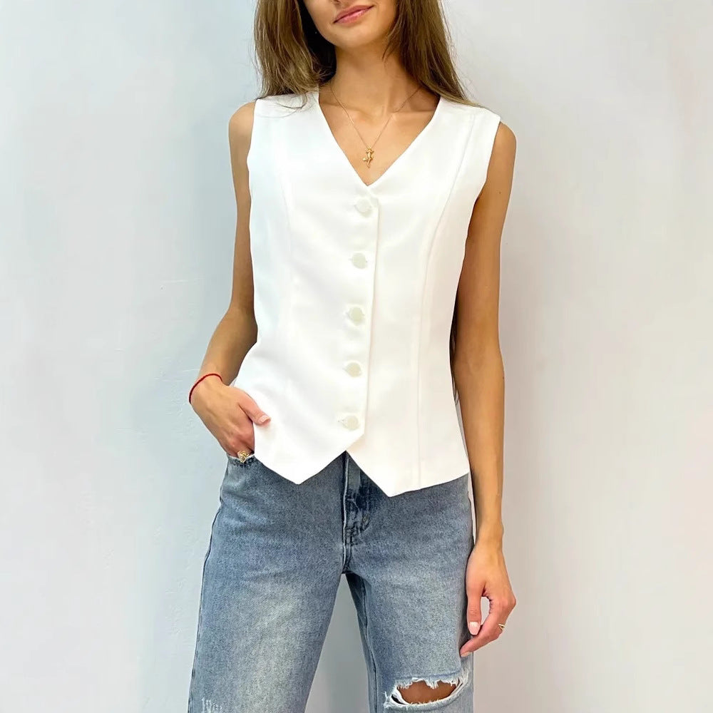Damen ärmellose Bluse mit Knopfleiste EB