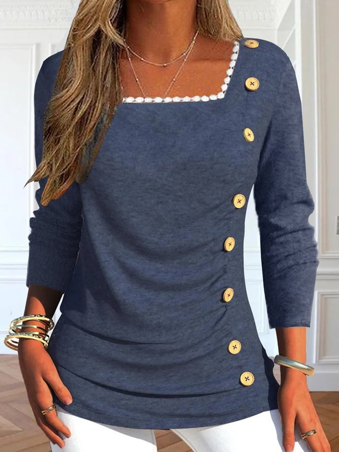 Damen Langarmshirt mit quadratischem Ausschnitt und dekorativen Knopfdetails EB