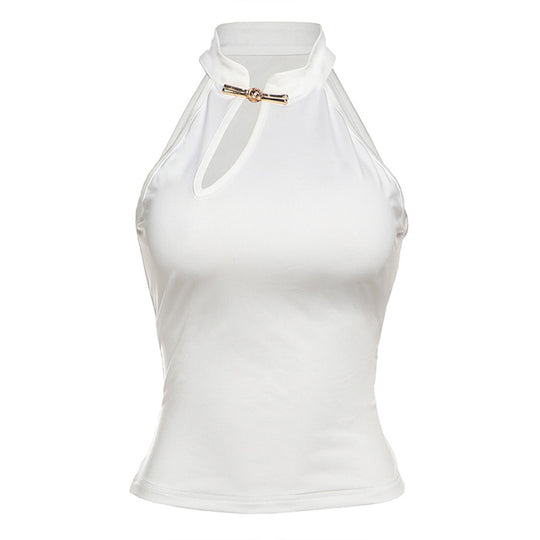 Damen modernes Hochkragen Top mit elegantem Schlitz und goldener Akzent EB