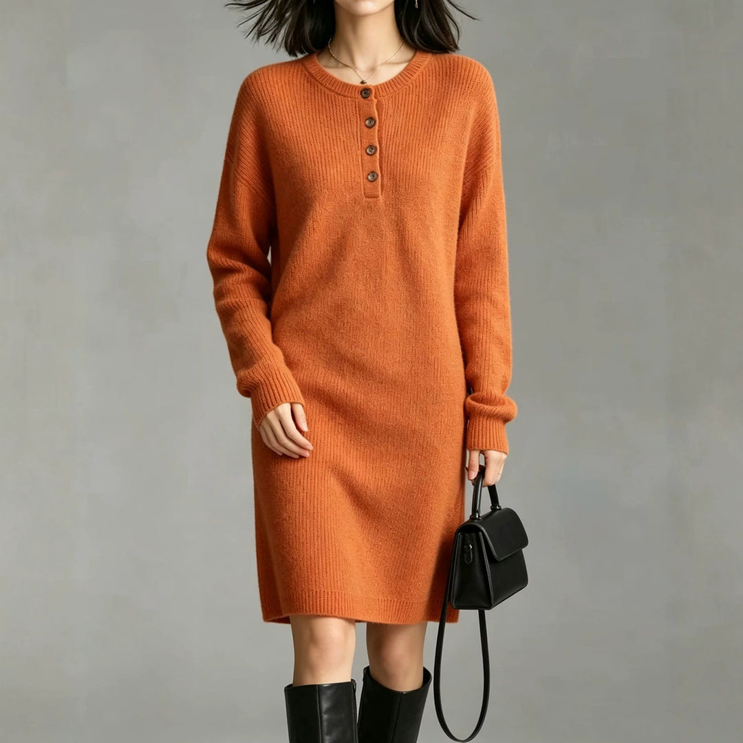 Damen Midilanges Strickkleid mit Henley-Leiste und gerippten Bündchen EB