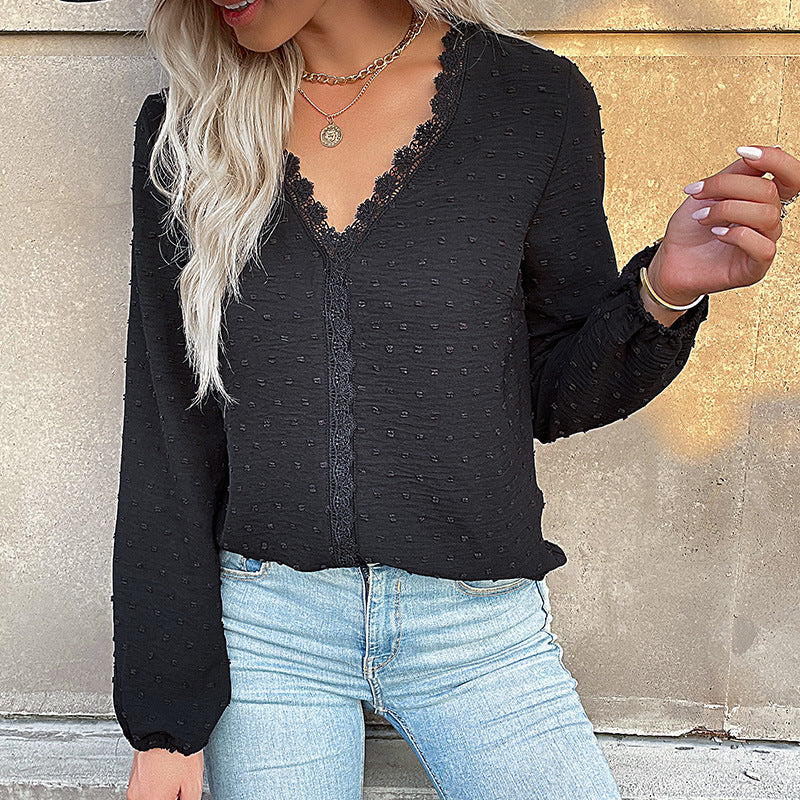 Damen Bluse mit feinen Strukturdetails und romantischem Spitzeneinsatz EB