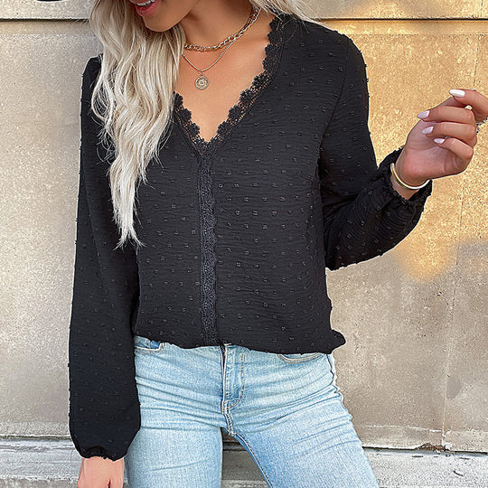 Damen Bluse mit feinen Strukturdetails und romantischem Spitzeneinsatz EB