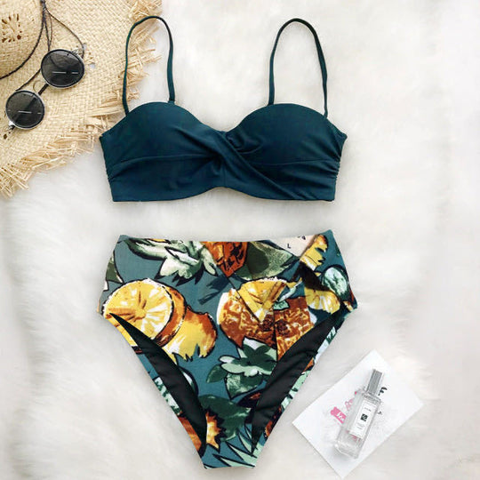 Damen Hoch tailliertes Bikini-Set mit floralem Oberteil EB