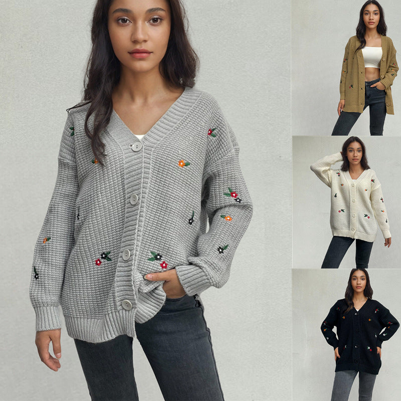 Damen Strickjacke mit floralem Stickdesign EB