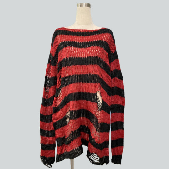 Damen nan Oversized Grobstrickpullover mit breiten Blockstreifen und aufgerissenem Design EB