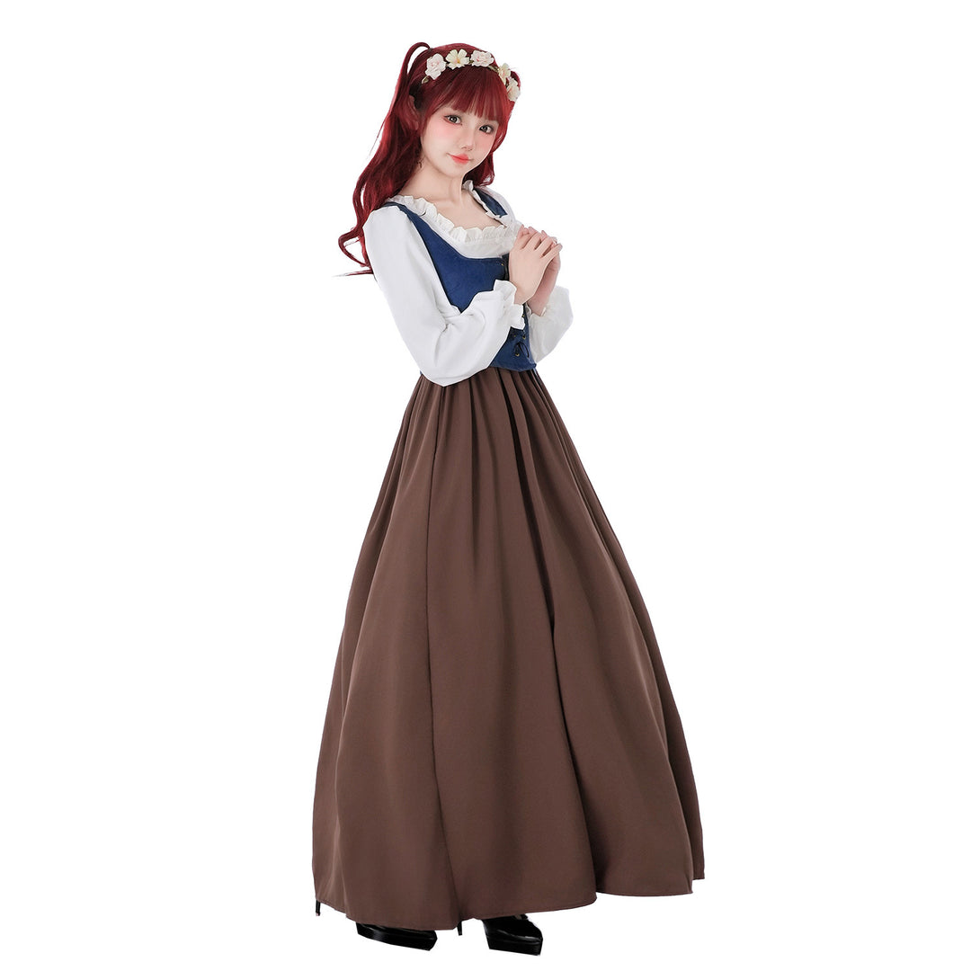 Damen nan mittelalterliches Dirndlkleid mit Schnürmieder, weiten Rüschenärmeln und bodenlangem Rock EB