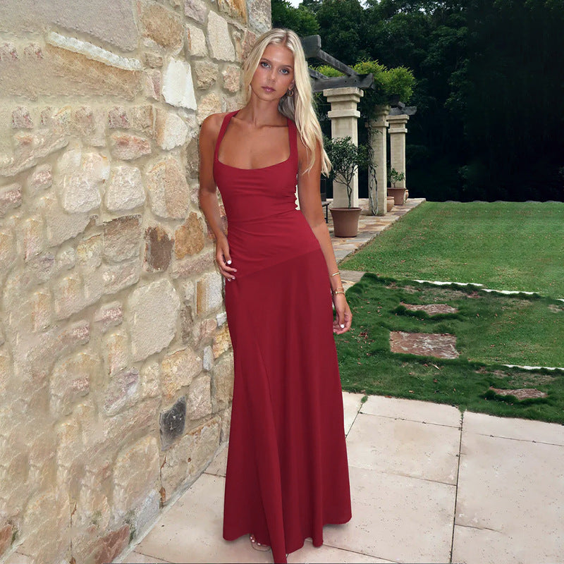 Damen elegantes Maxikleid mit verführerischem Ausschnitt und fließendem Rock EB