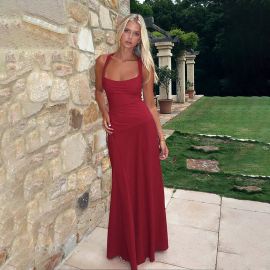 Damen elegantes Maxikleid mit verführerischem Ausschnitt und fließendem Rock EB
