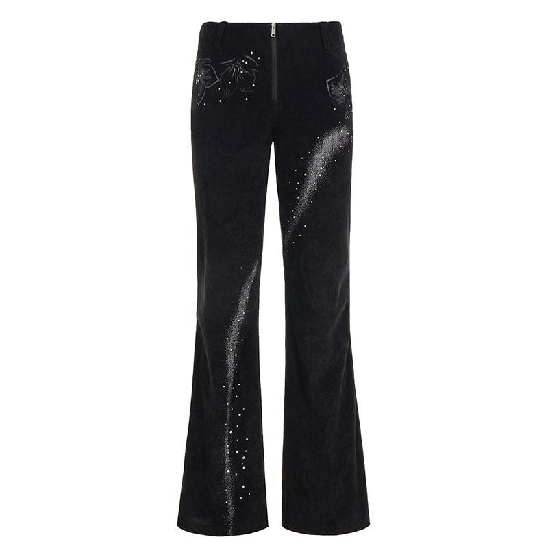 Damen nan ausgestellte Cordhose mit Glitzerstreifen und Blumenstickerei, hoher Bund EB