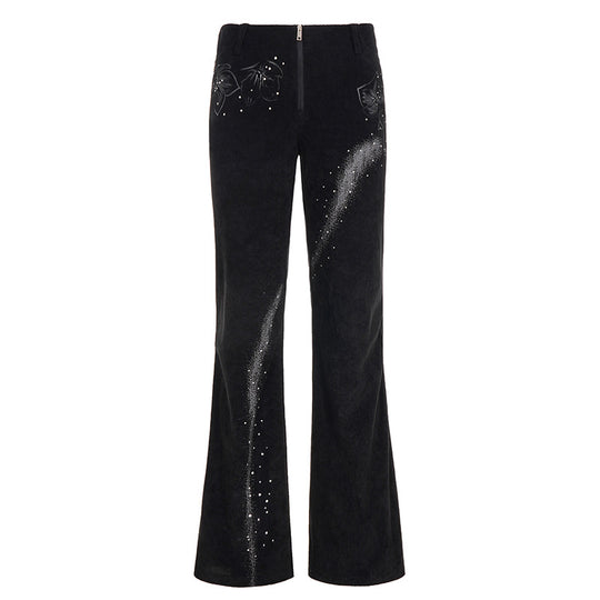 Damen nan ausgestellte Cordhose mit Glitzerstreifen und Blumenstickerei, hoher Bund EB