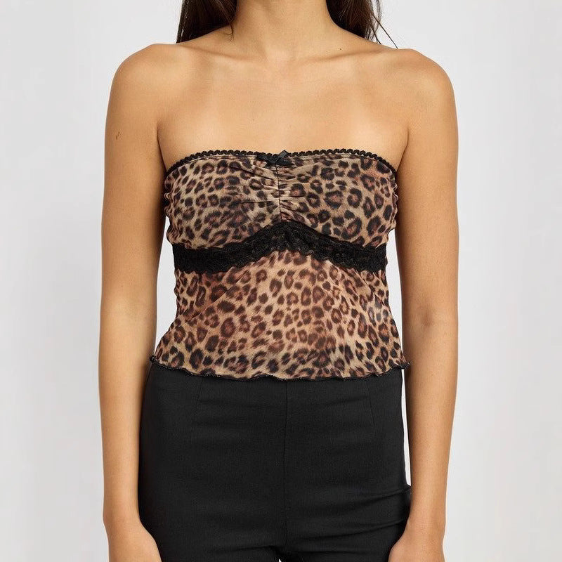 Damen Bandeau-Top mit trendigem Leopardenmuster und zarter Spitzenkante EB