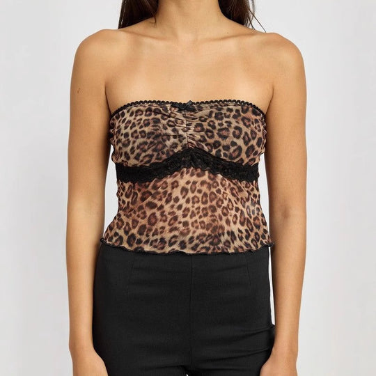 Damen Bandeau-Top mit trendigem Leopardenmuster und zarter Spitzenkante EB