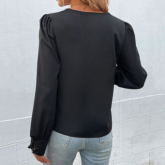 Damen elegant geschnittene Bluse mit Spitzenverzierungen und Volantärmeln EB