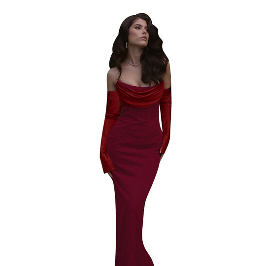 Damen Langarm Abendkleid mit elegantem Wasserfall-Ausschnitt und figurbetontem Schnitt EB