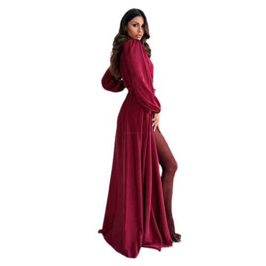 Damen elegantes Maxikleid mit schlanker Silhouette und tailliertem Gürtel EB