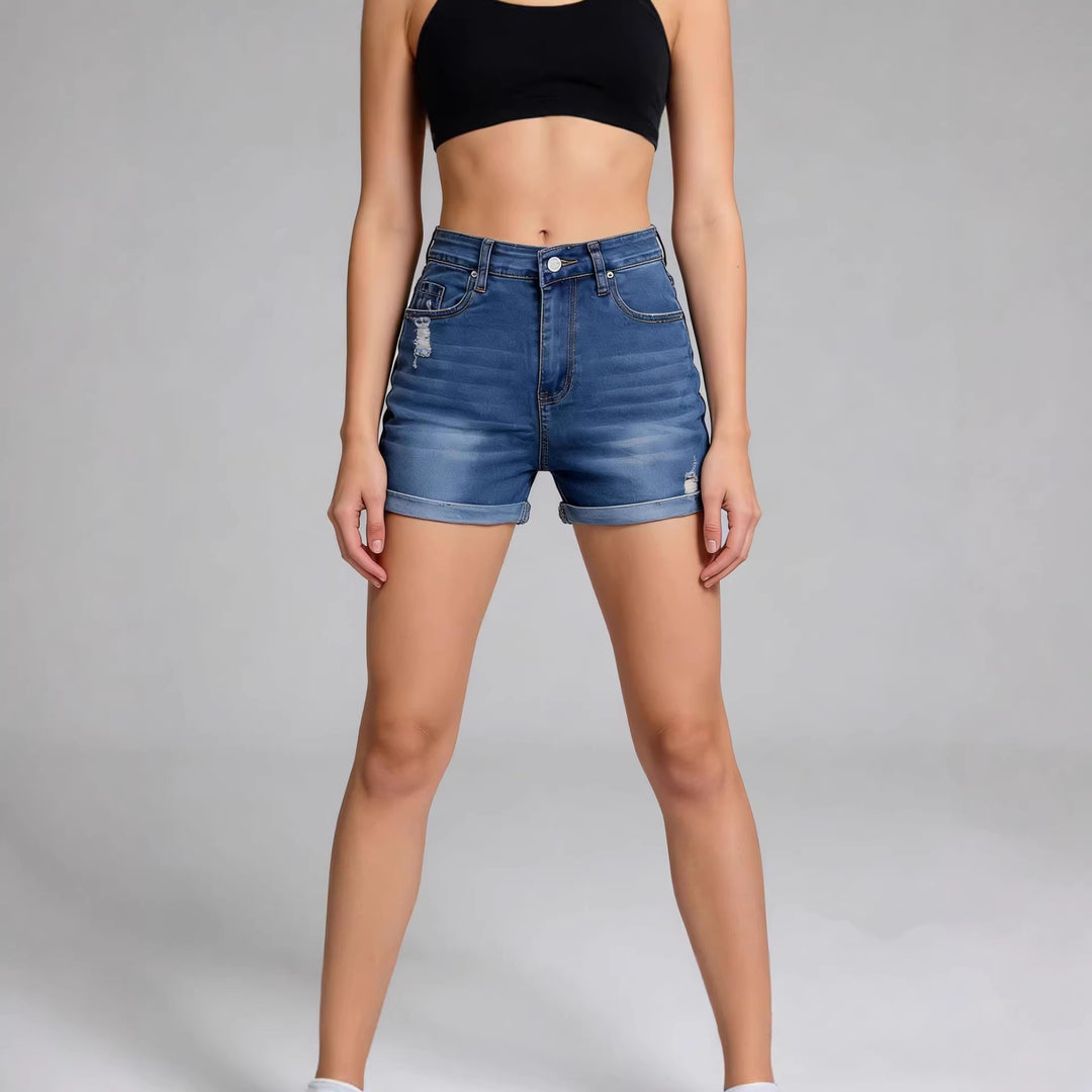 Damen High-Waist Denim-Shorts mit lässigem Schnitt und modernen Destroyed-Details EB