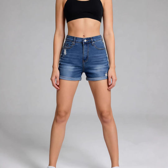 Damen High-Waist Denim-Shorts mit lässigem Schnitt und modernen Destroyed-Details EB