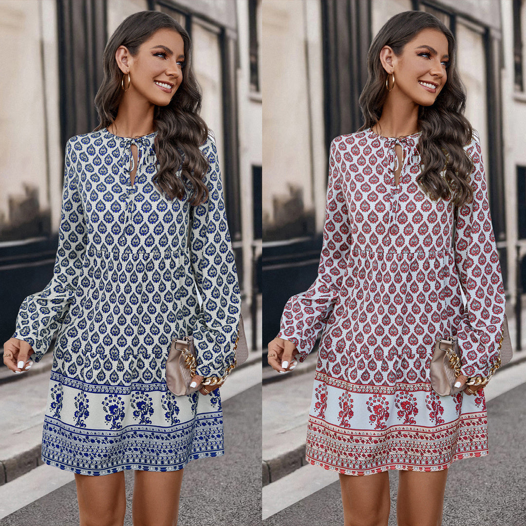 Damen romantisches Kleid mit detailverliebtem Print und langen Ärmeln EB