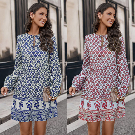 Damen romantisches Kleid mit detailverliebtem Print und langen Ärmeln EB