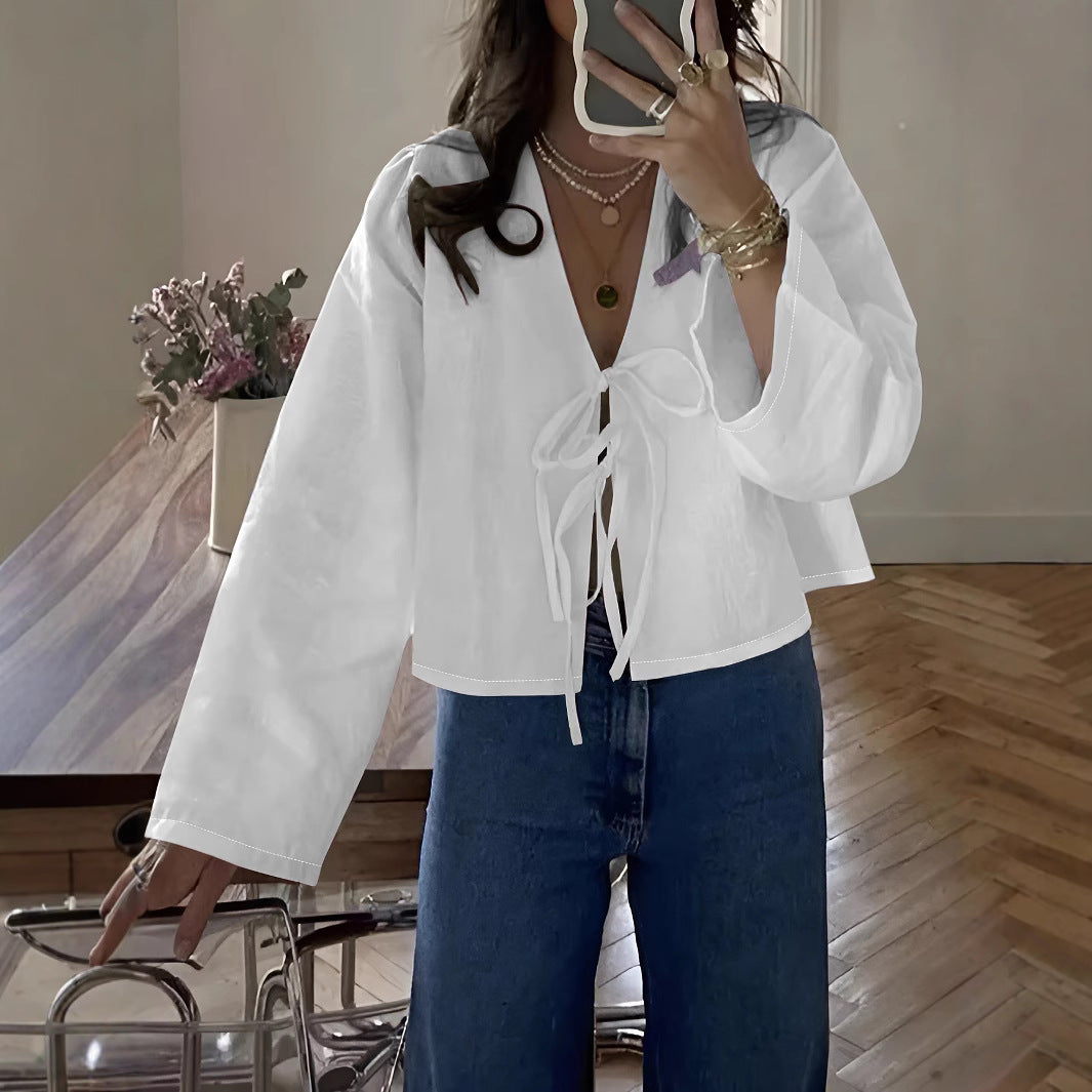 Damen cropped Bluse mit Bindeband und lockerer Passform EB