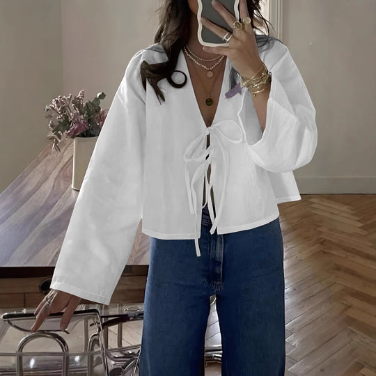 Damen cropped Bluse mit Bindeband und lockerer Passform EB