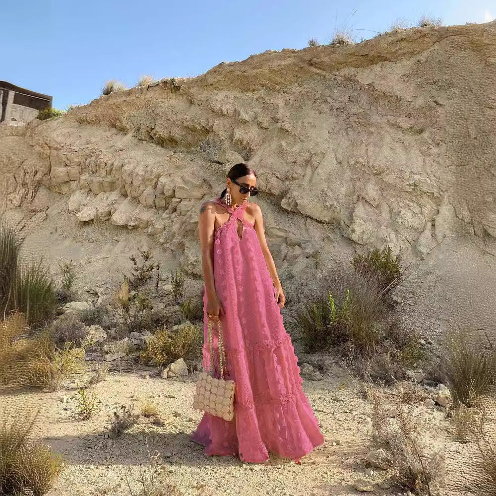 Damen Maxikleid mit raffinierter Stickerei und offenem Rückendesign EB