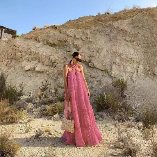 Damen Maxikleid mit raffinierter Stickerei und offenem Rückendesign EB