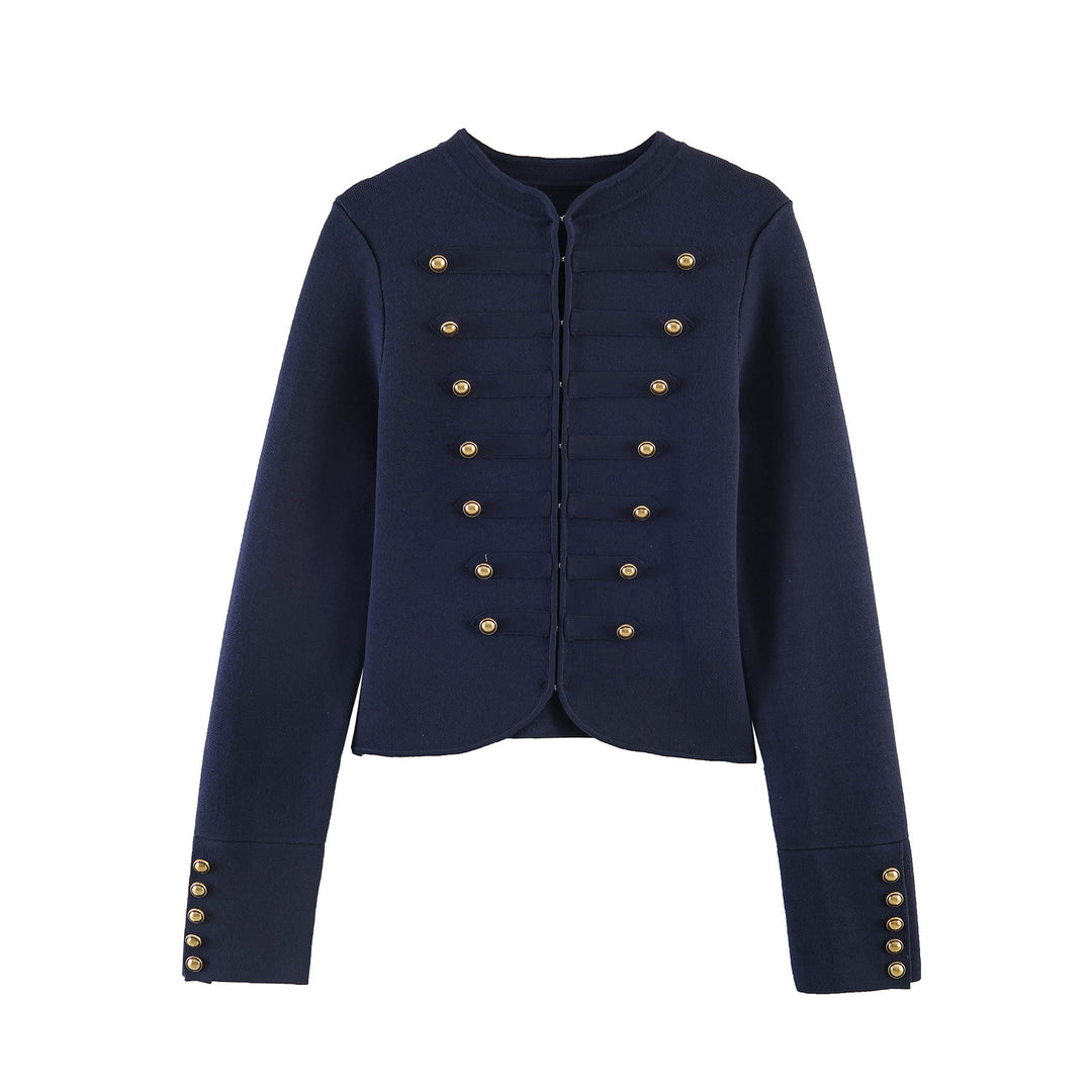 Damen nan military-inspirierte Kurzjacke mit runder Halslinie, taillierter Silhouette und goldfarbenen Zierknöpfen EB