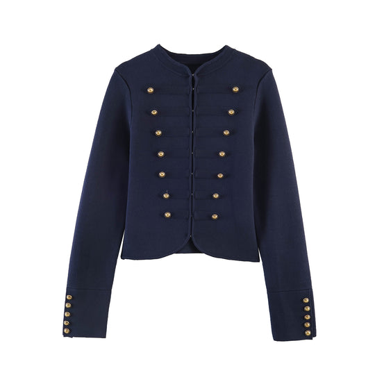 Damen nan military-inspirierte Kurzjacke mit runder Halslinie, taillierter Silhouette und goldfarbenen Zierknöpfen EB