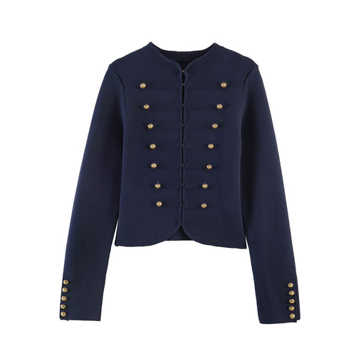 Damen nan military-inspirierte Kurzjacke mit runder Halslinie, taillierter Silhouette und goldfarbenen Zierknöpfen EB