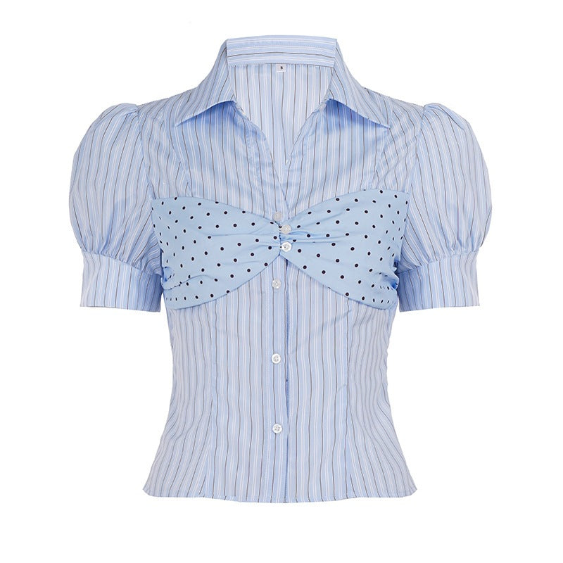 Damen Stylische gestreifte Bluse mit Rüschendetail und Punktenmuster EB