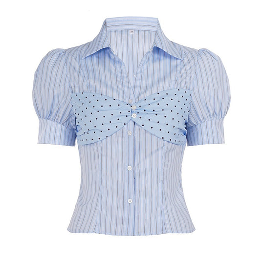 Damen Stylische gestreifte Bluse mit Rüschendetail und Punktenmuster EB