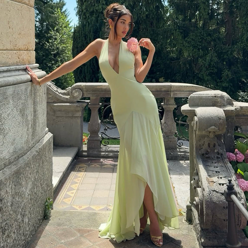 Damen Elegantes Maxikleid mit tiefem V-Ausschnitt und fließendem Rock EB