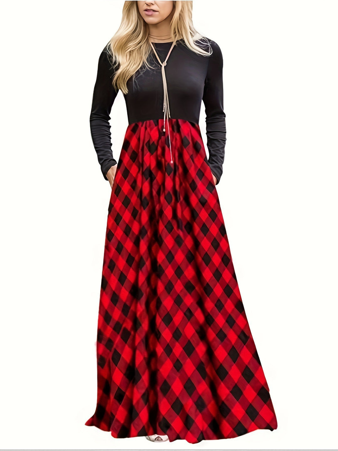 Damen Maxikleid mit modernem Karomuster und langen Ärmeln EB