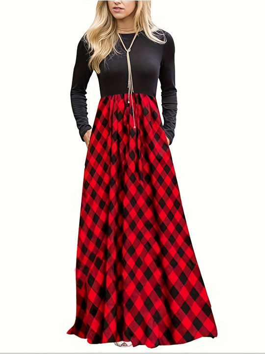 Damen Maxikleid mit modernem Karomuster und langen Ärmeln EB