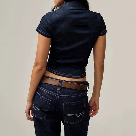 Damen Stylisches Jeanshemd mit taillierter Passform und kurzen Ärmeln EB