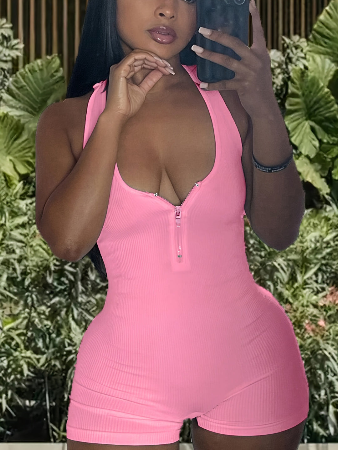 Damen Jumpsuit mit tiefem Ausschnitt und Reißverschluss EB