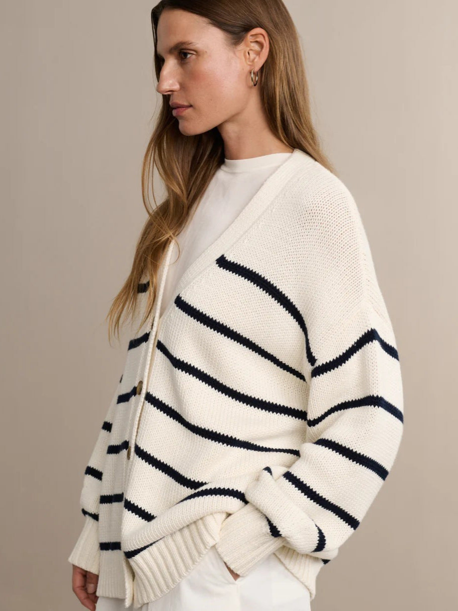 Damen Modischer Streifen-Cardigan mit Knopfleiste und lässigem Schnitt EB