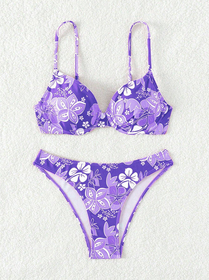 Damen gepolsterter Triangel-Bikini mit floralem Design und verstellbaren Trägern EB