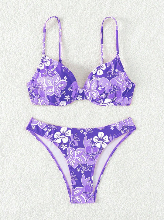 Damen gepolsterter Triangel-Bikini mit floralem Design und verstellbaren Trägern EB