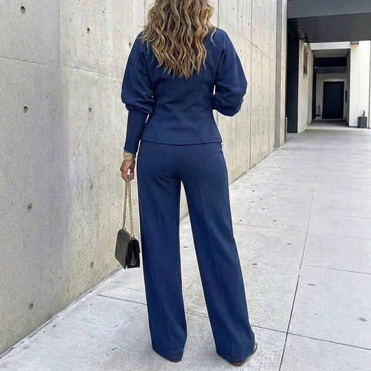 Damen Zweiteiliges tailliertes Blazer‑Hosen‑Set mit goldenen Zierknöpfen und weitem Palazzo-Bein EB