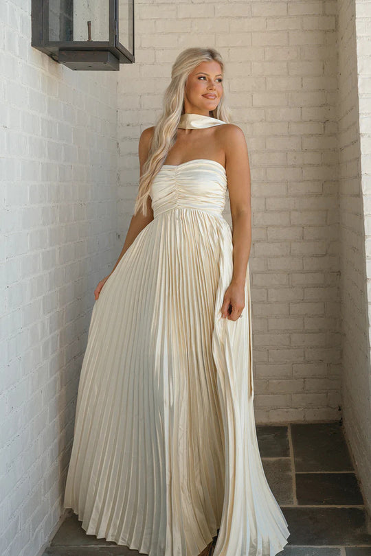 Damen Langarm Maxi-Kleid mit elegantem Faltenrock und schulterfreier Silhouette EB
