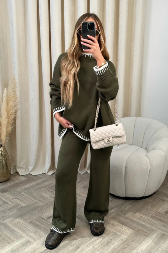 Damen nan lässiger Strick-Hausanzug mit Oversize-Pullover und weiter Strickhose EB