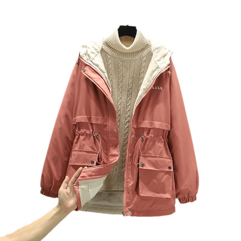 Damen Wasserabweisender Kapuzenparka mit Teddyfutter Tunnelzugtaillierung und Mehrfachtaschen EB