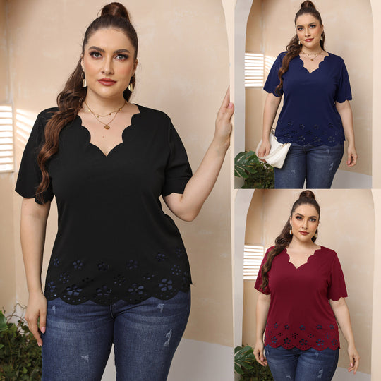 Damen Elegantes Oberteil mit romantischem Wellenmuster und Perforationen EB