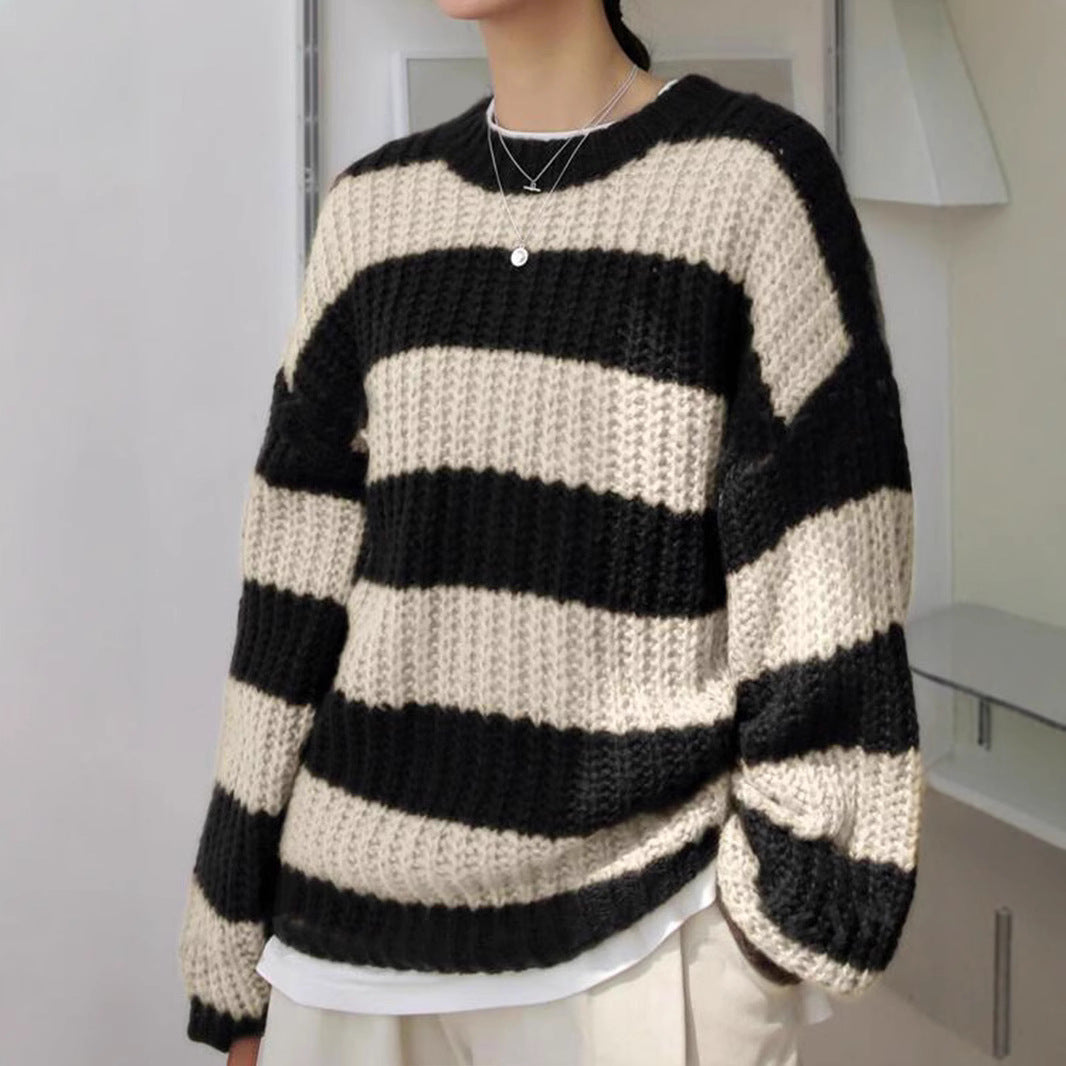 Damen modischer Strickpullover mit breiten Streifen und lockerer Passform EB