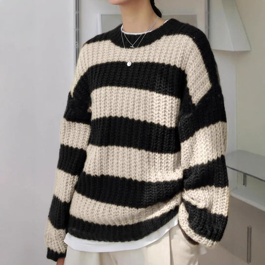 Damen modischer Strickpullover mit breiten Streifen und lockerer Passform EB