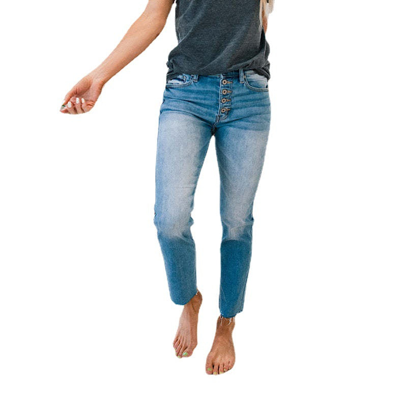 Damen Hochtaillierte Jeans im Used-Look mit Knopfleiste und ausgefransten Säumen EB