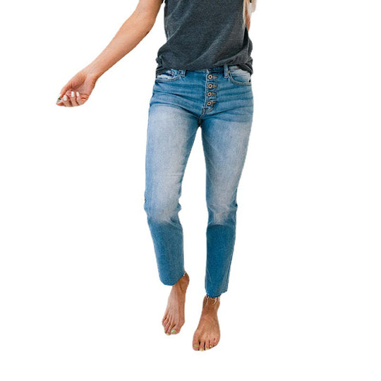 Damen Hochtaillierte Jeans im Used-Look mit Knopfleiste und ausgefransten Säumen EB