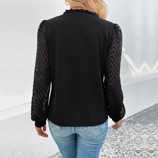 Damen elegante Bluse mit transparenten Rüschärmel und Knopfleiste EB